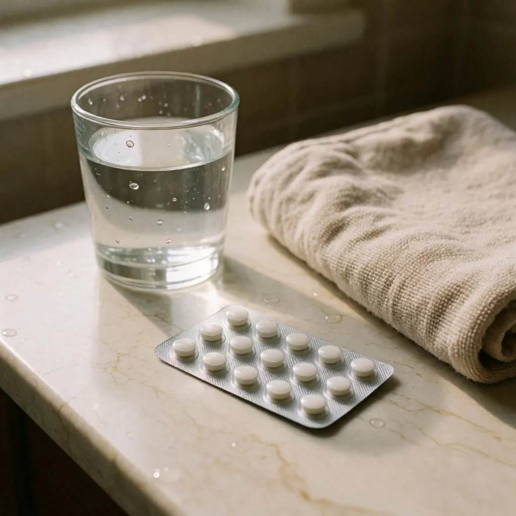 Blíster de píldoras anticonceptivas y un vaso de agua sobre la encimera del baño, bajo la luz de la mañana