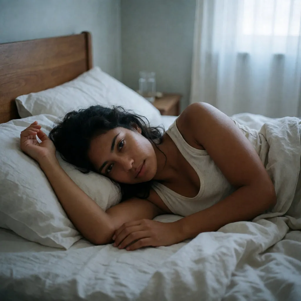 Joven latina a medio despertar en una cama de sábanas arrugadas, bajo la luz suave del amanecer