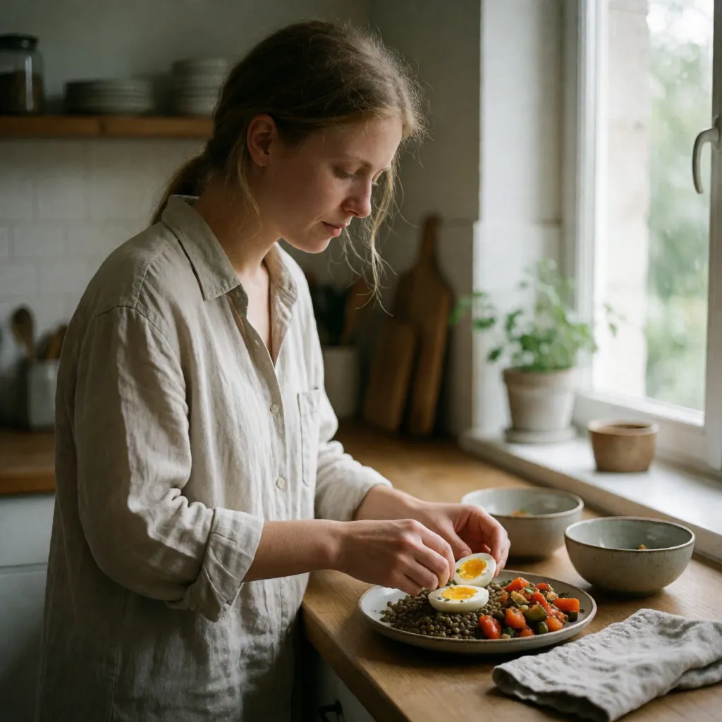 Mulher jovem a preparar um prato de proteínas e leguminosas numa cozinha muito luminosa