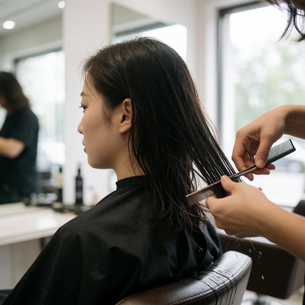 In a bright salon, a stylist trims the ends of a young East Asian woman with shoulder-length hair