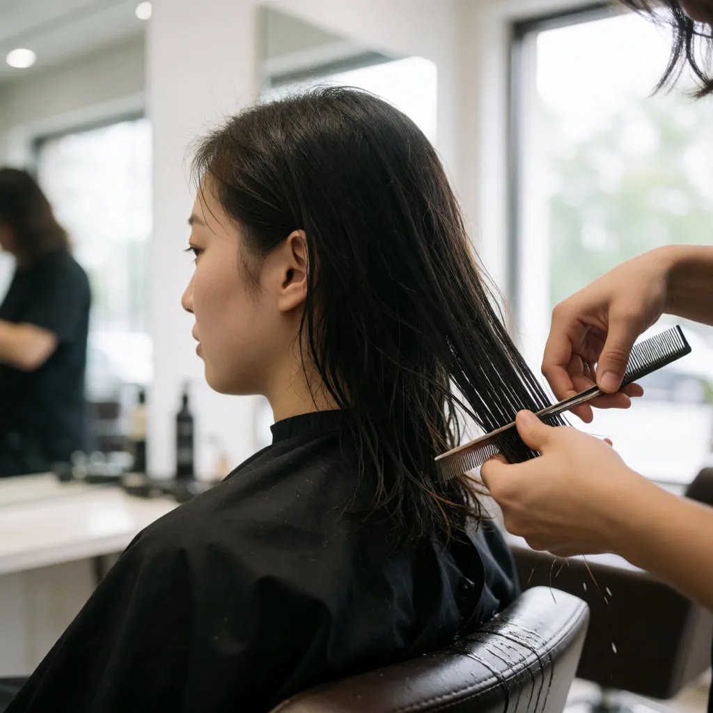 In einem hellen Salon schneidet eine Friseurin die Spitzen einer jungen Frau asiatischer Herkunft mit schulterlangem Haar