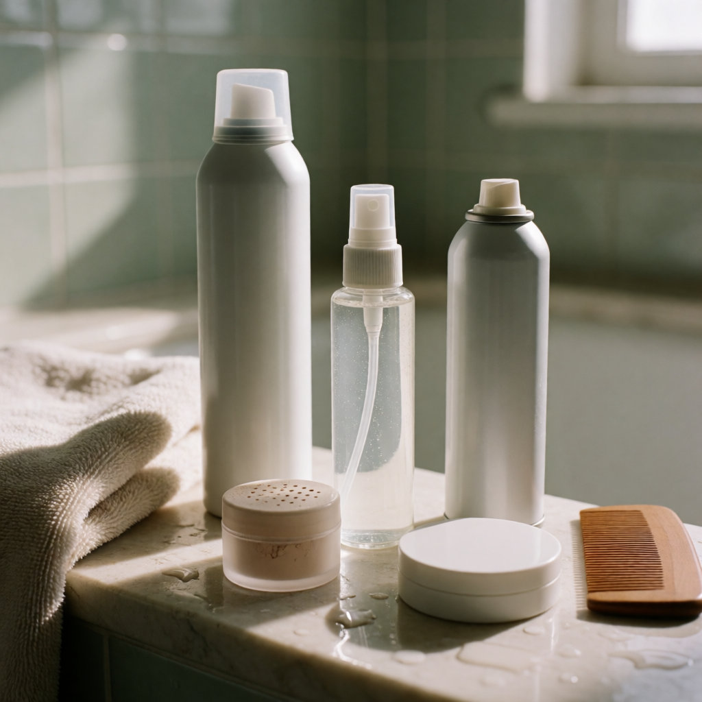 Mousse, root spray, volume powder and dry shampoo lined up on a bathroom shelf