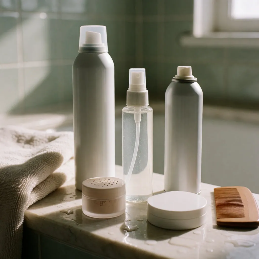 Volumenschaum, Ansatzspray, Volumenpuder und Trockenshampoo aufgereiht auf einem Badezimmerregal
