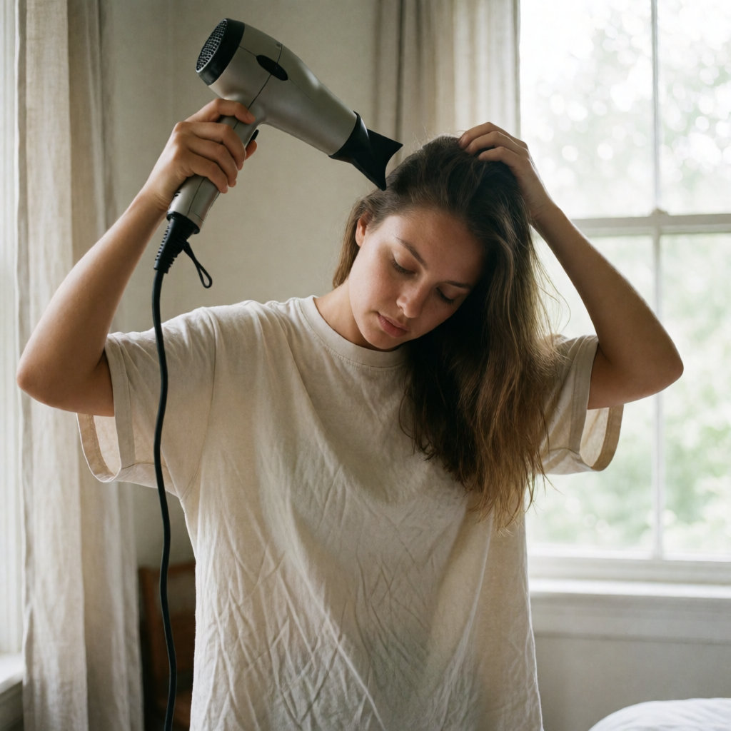 Mixed-heritage young woman leaning forward, hairdryer pointed at the roots, in a bright bedroom