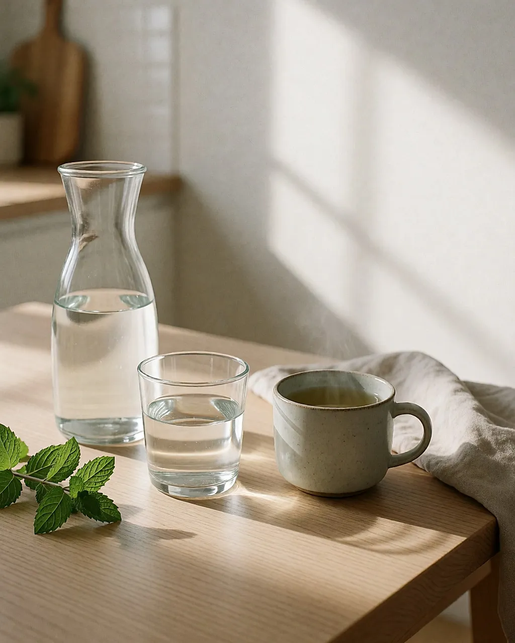 Eine Wasserflasche, ein Glas und eine Tasse Kräutertee auf einem Holztisch