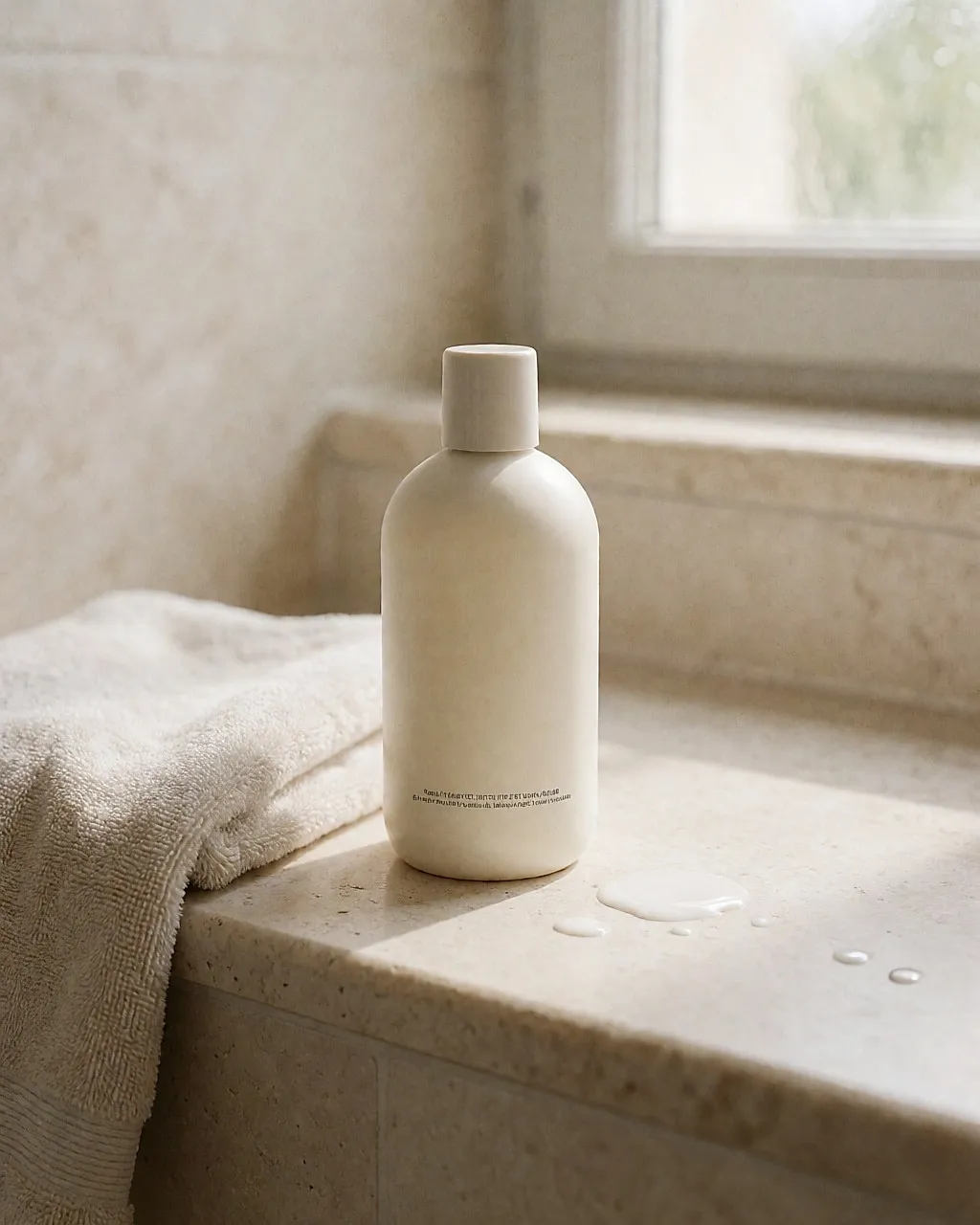 Eine Flasche Körperlotion auf dem Steinrand eines Badezimmers