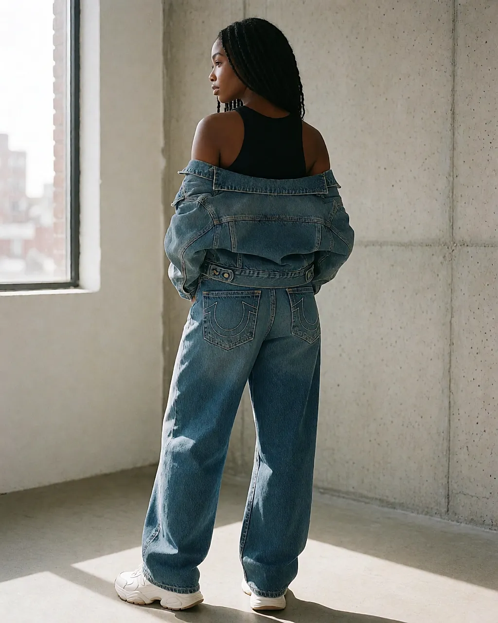 Vista trasera de un jean baggy de True Religion, con pespunte en herradura en los bolsillos