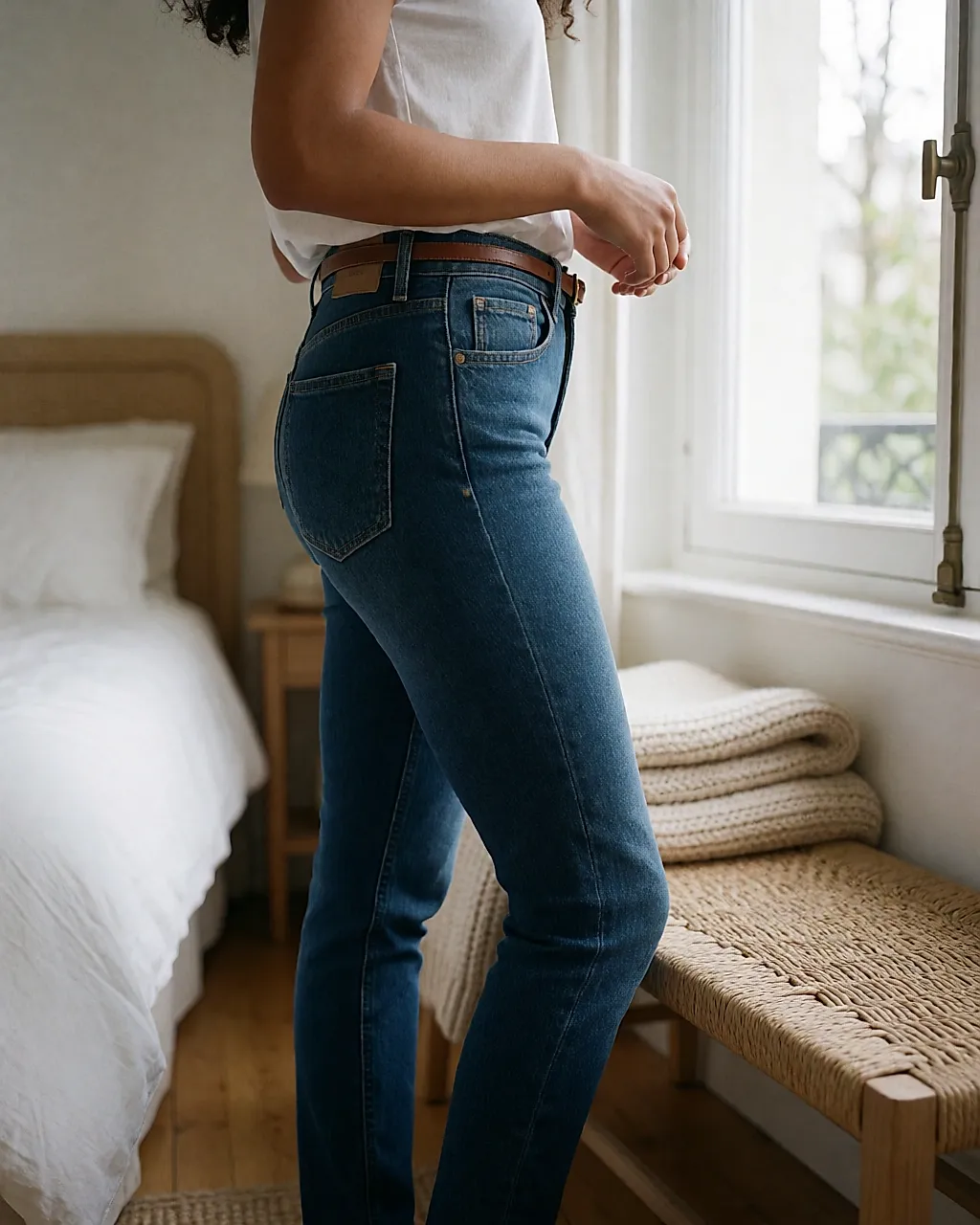 Un jean pitillo en denim grueso, con una línea de pierna limpia de la cadera al tobillo