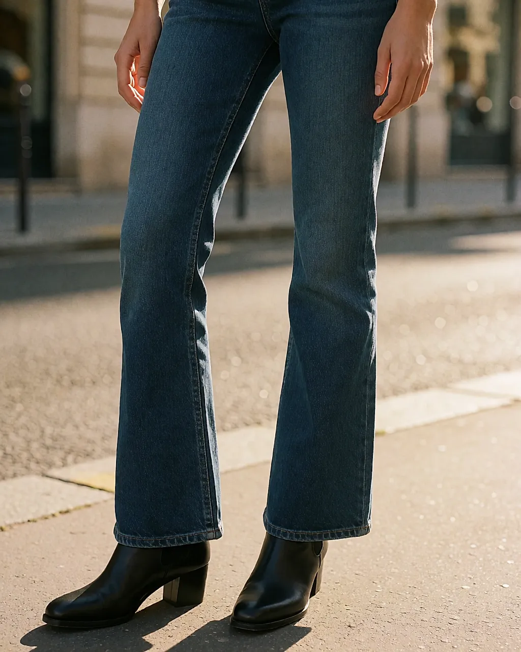 Un jean de campana de J Brand que cubre justo los botines de piel negra