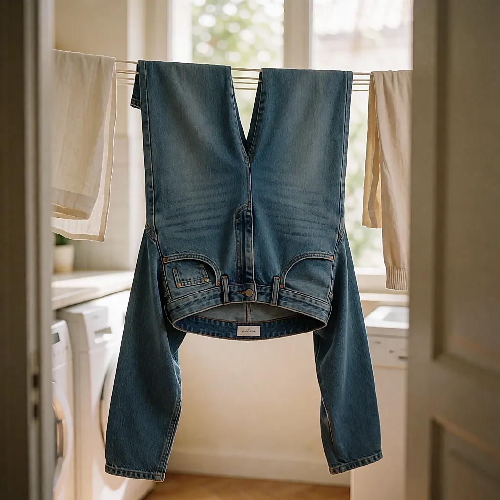 Um jeans pendurado ao contrário num estendal, numa lavandaria luminosa