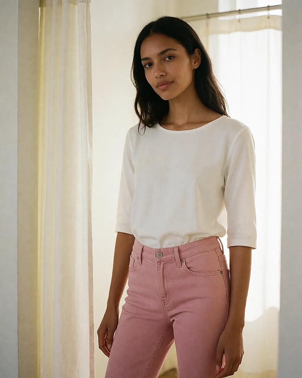 Anprobe einer Jeans in zartem Rosé in der Umkleide, vor dem Kauf