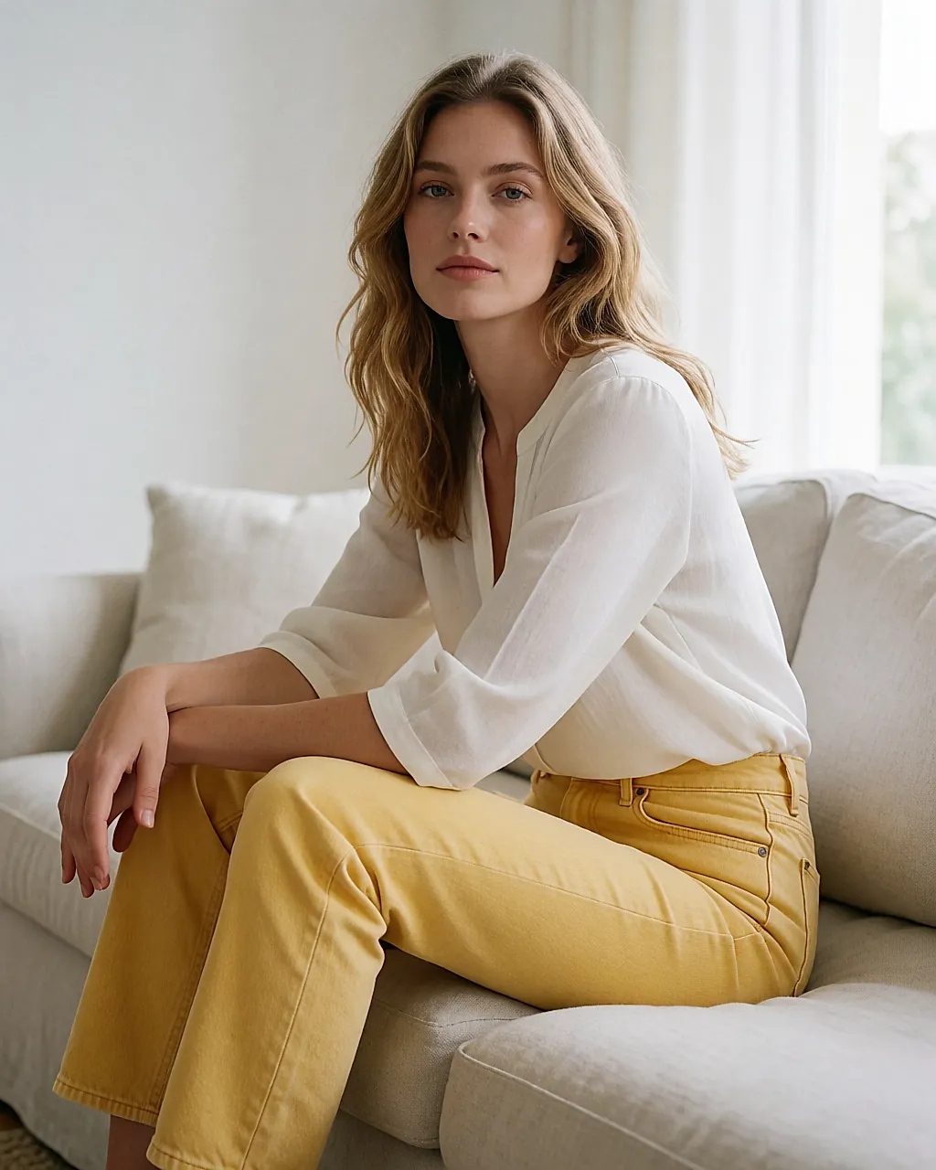 Gelbe Jeans mit weißer Bluse in einem hellen Wohnzimmer