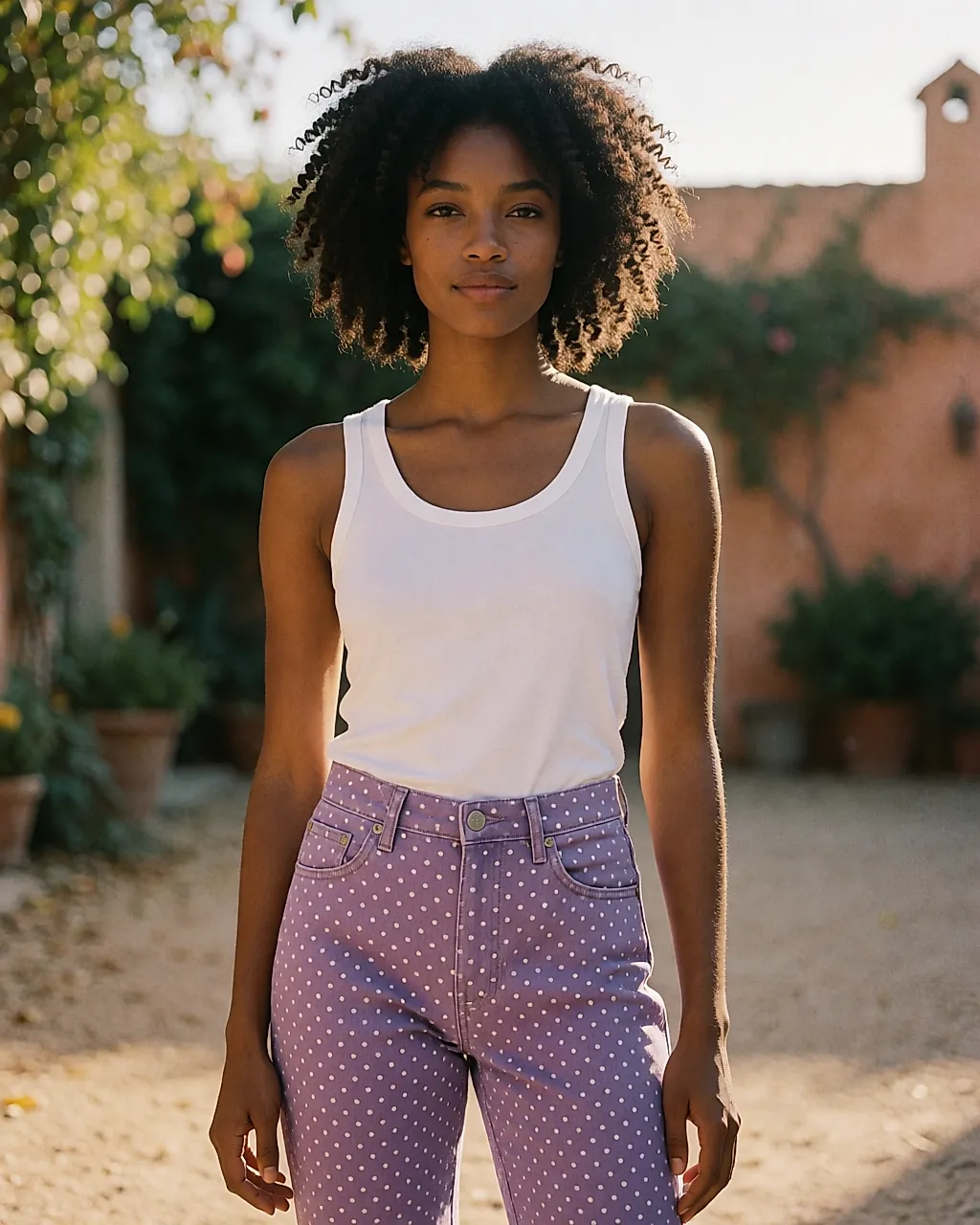 Purple jeans with white polka dots worn in a courtyard at sunset