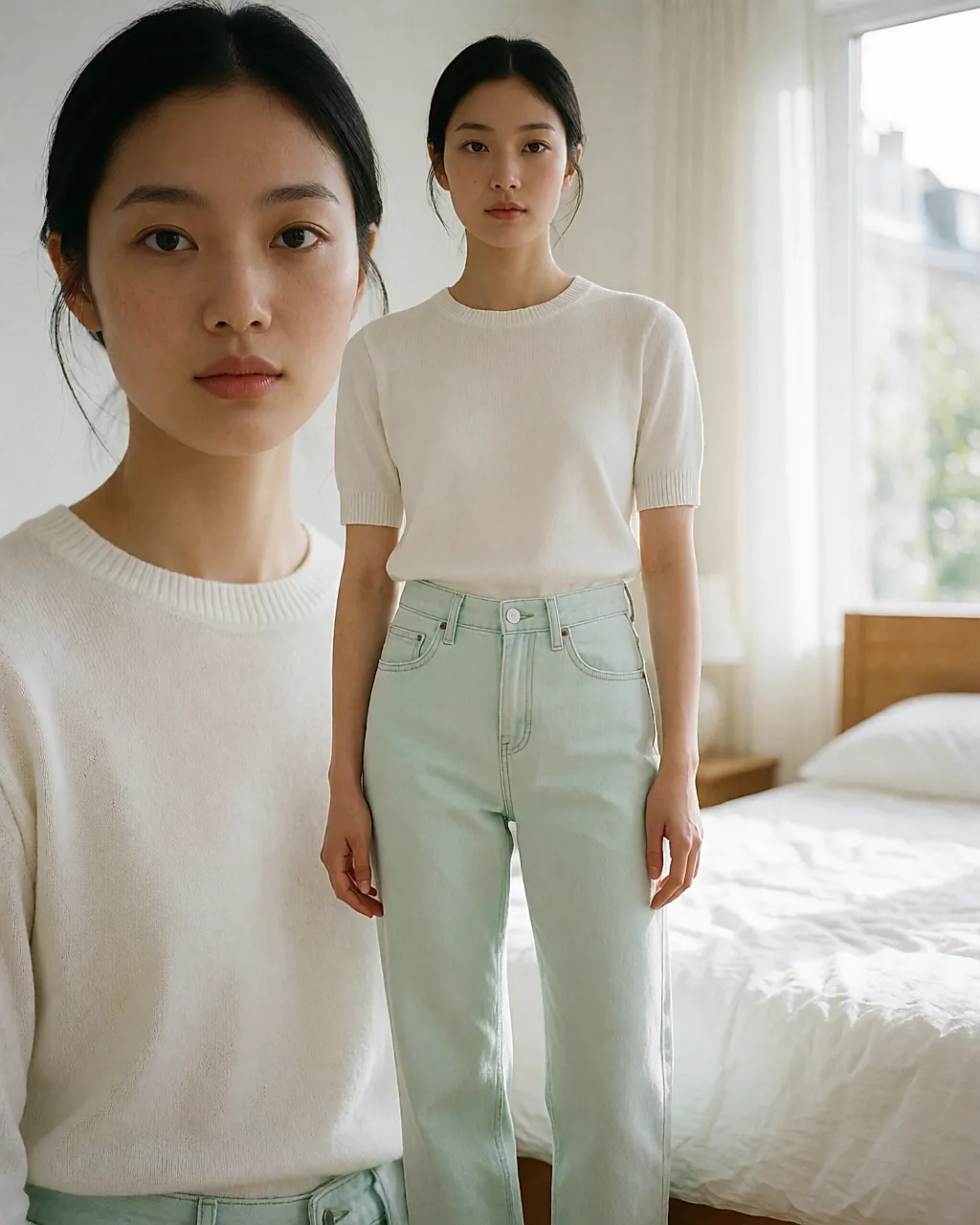 Pastellgrüne Jeans mit weichem Fall in einem hellen Schlafzimmer