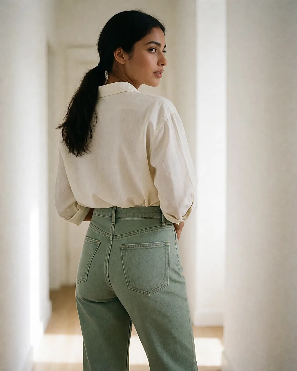 Salbeigrüne Jeans von hinten, um den Fall an der Figur zu beurteilen