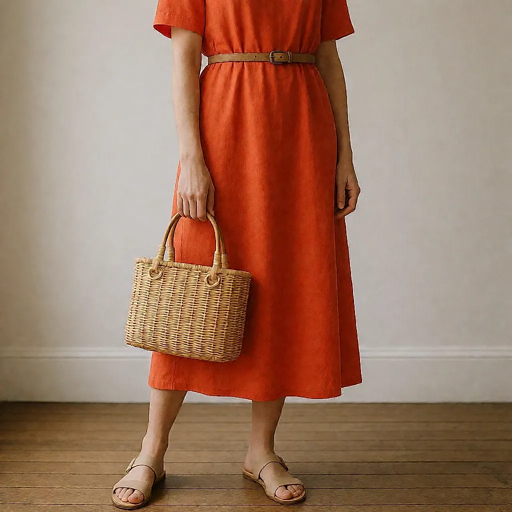 Orange jeans worn with a raffia tote, a slim belt and neutral sandals