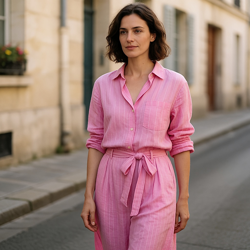 Neon pink jeans worn in bright sunshine on the street