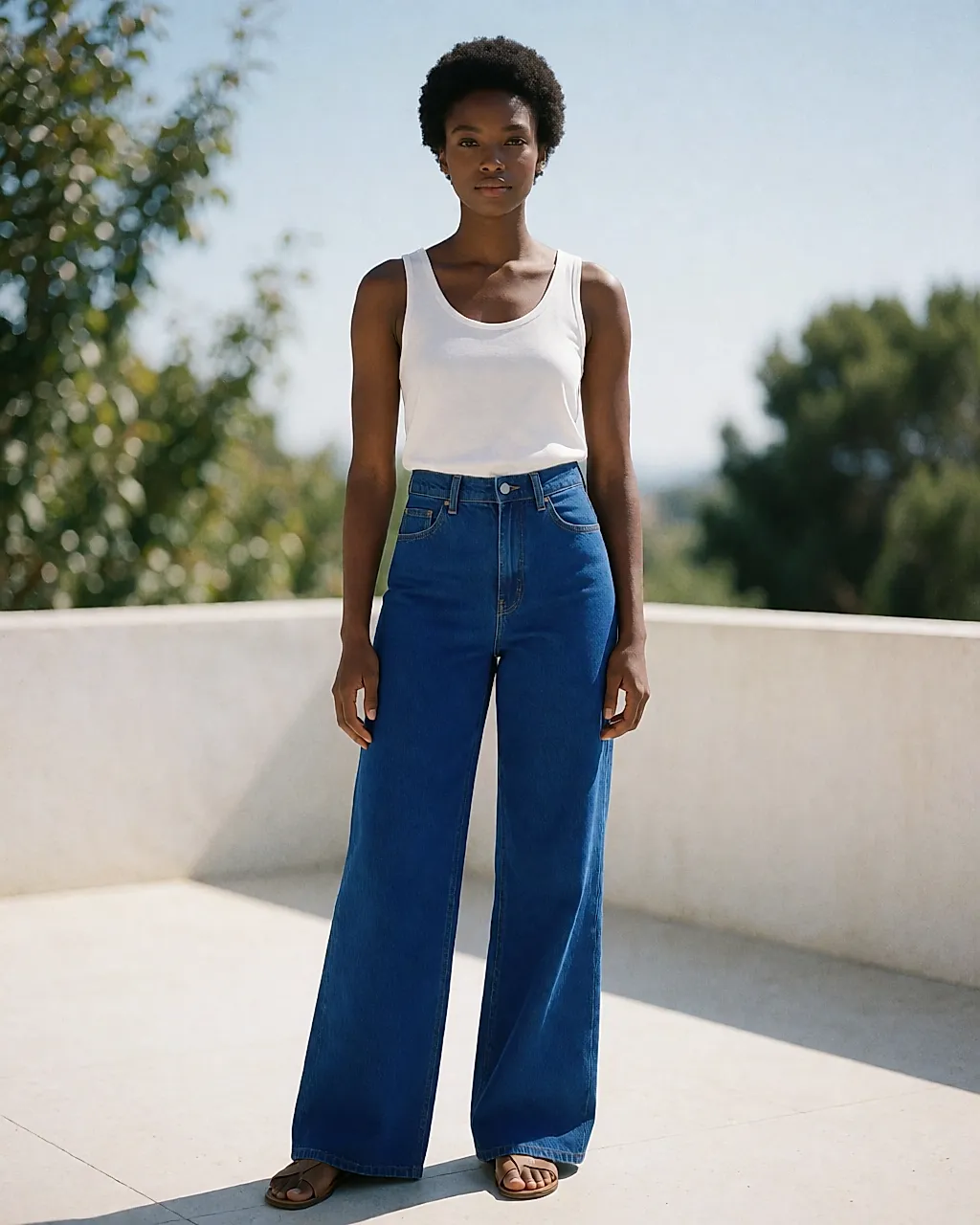 Kobaltblaue Jeans auf einer hellen Terrasse, sommerliche Silhouette