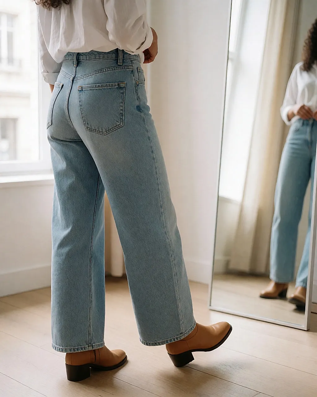 In a fitting room, the hem of a wide-leg jean falls over leather ankle boots