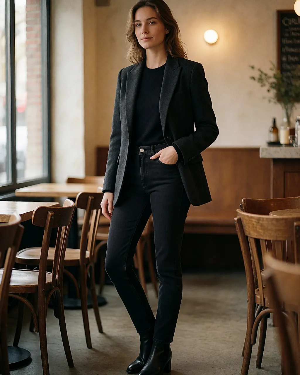 Woman in dark slim jeans and a structured blazer, standing in a café, three-quarter view