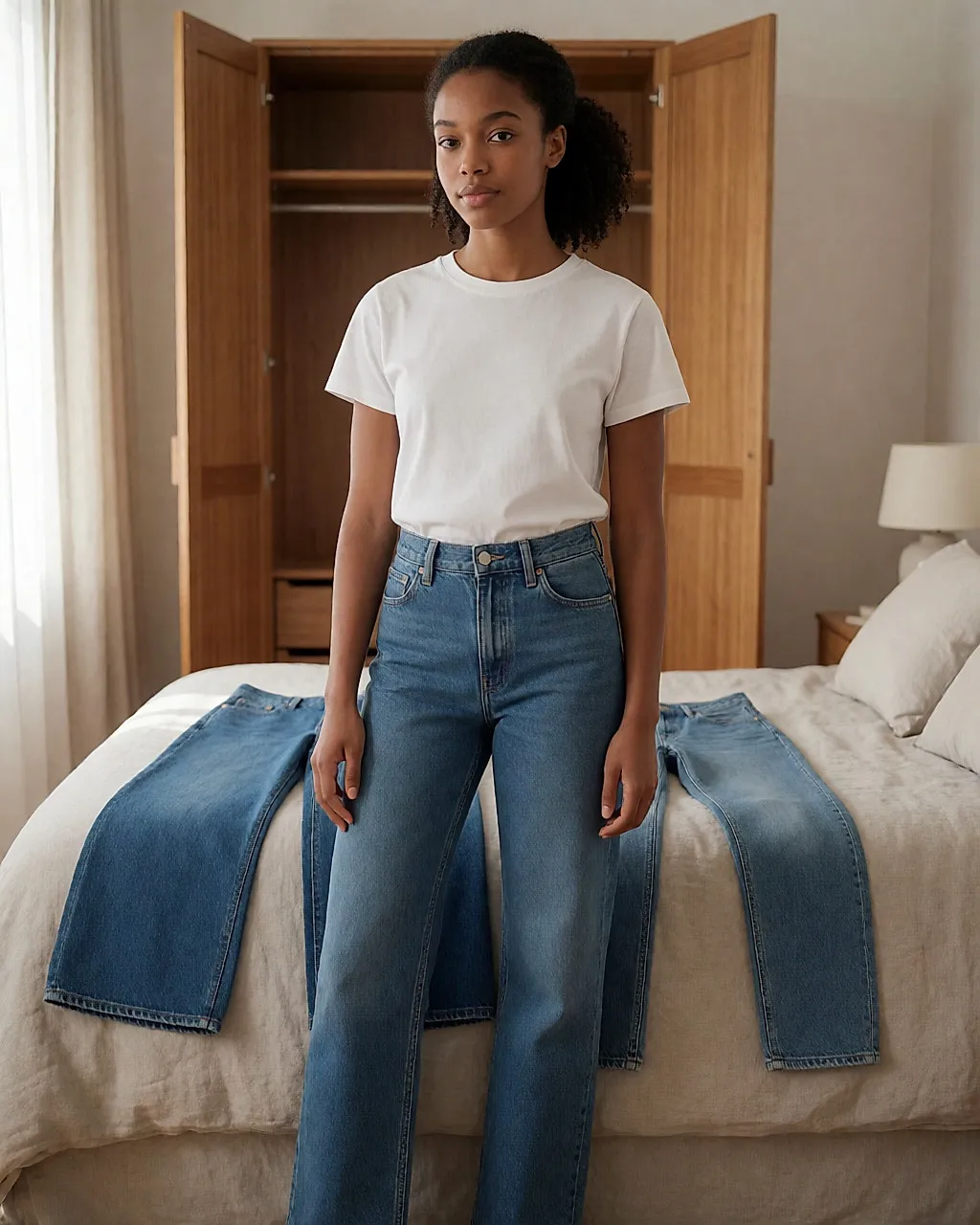 Young woman in straight-leg jeans in front of a wardrobe, two more pairs of jeans laid out on the bed