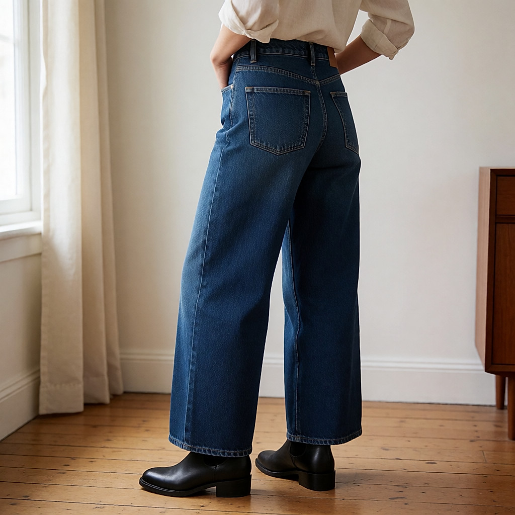 Woman seen from behind in raw indigo wide-leg jeans, the hem breaking over a leather ankle boot