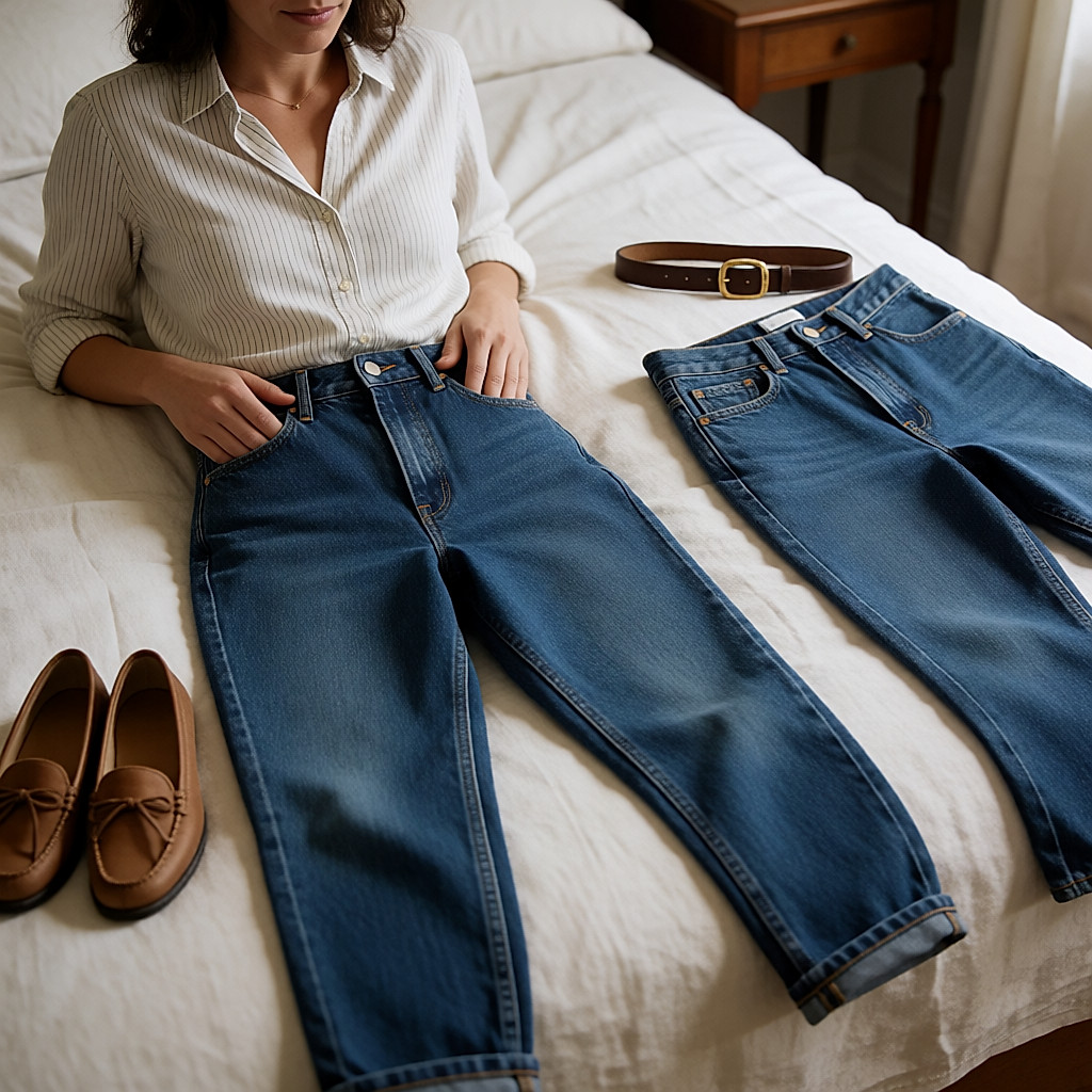 High-waisted wide-leg jeans laid flat on a pale bed with loafers and a belt