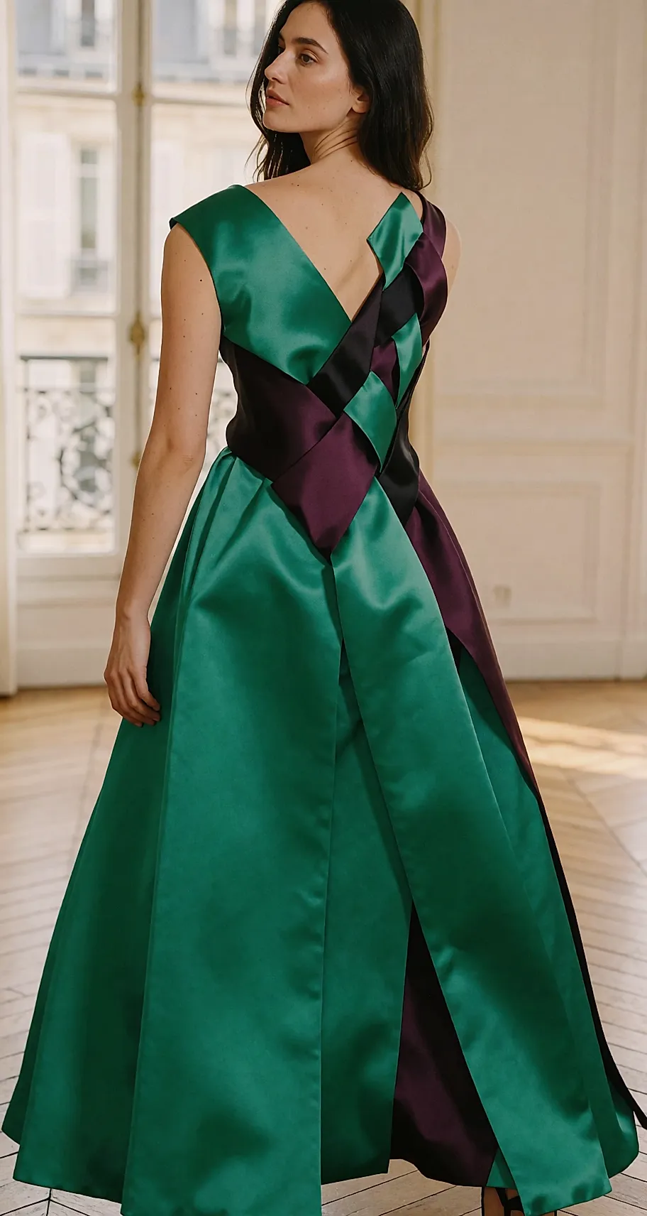 A long dress sculpted from satin ribbons, seen from the back in a light-filled Parisian room