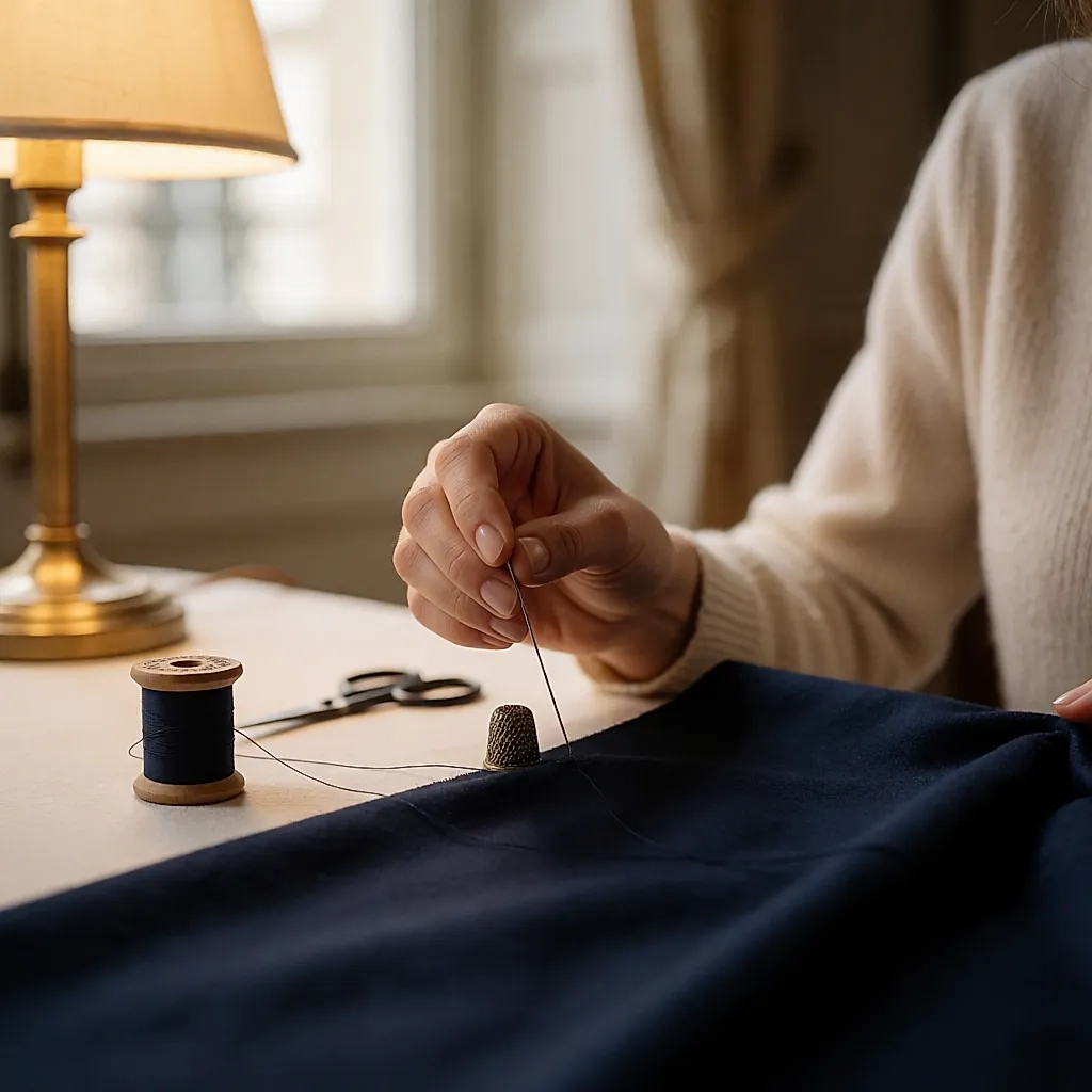 A hand sewing navy fabric by needle in an atelier