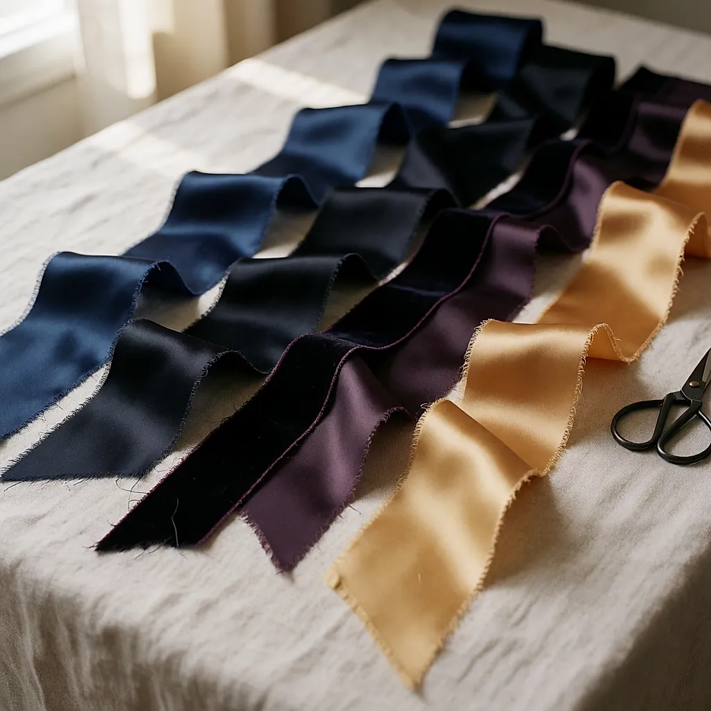 Silk, satin, velvet and cotton ribbons laid in waves on linen