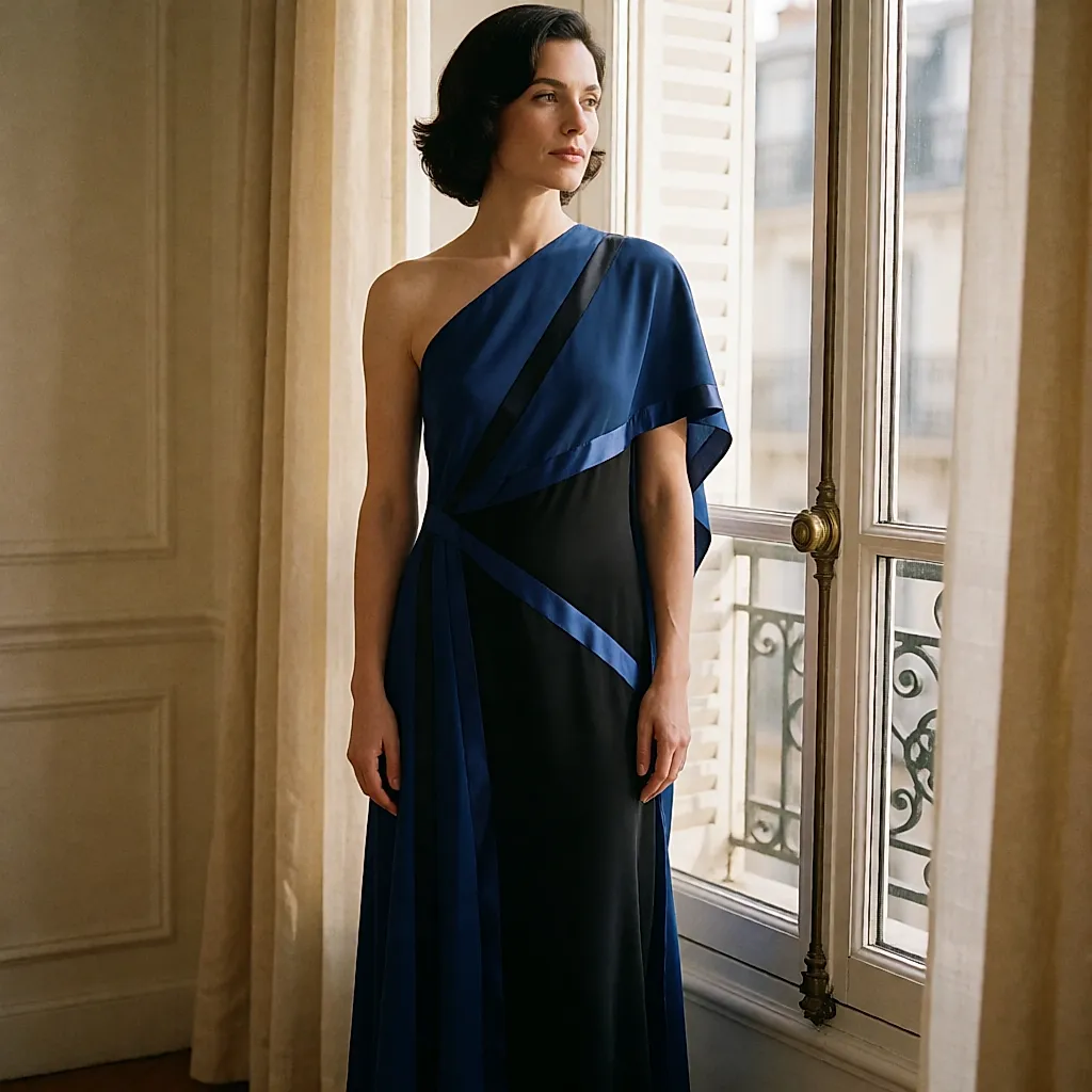 A long navy dress with ribbon insets, worn near a window
