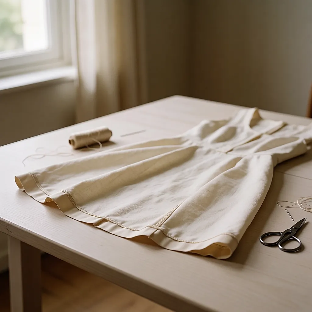 The inside of a dress turned out, with seams and ribbon edges visible on a table