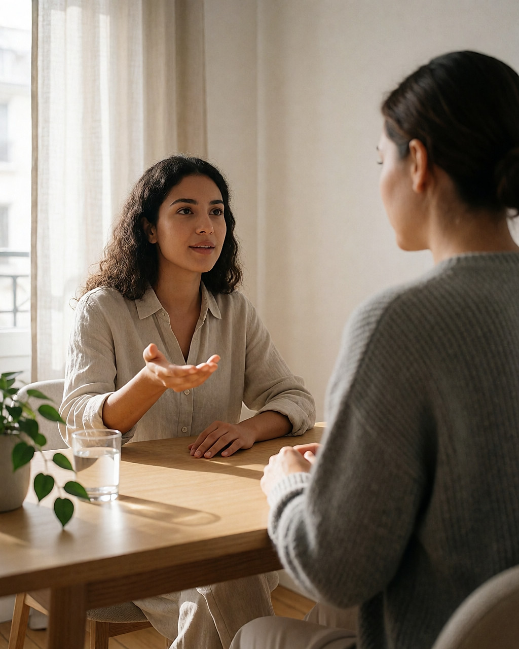 Jeune femme maghrébine en consultation dans un cabinet lumineux, face à un professionnel de santé