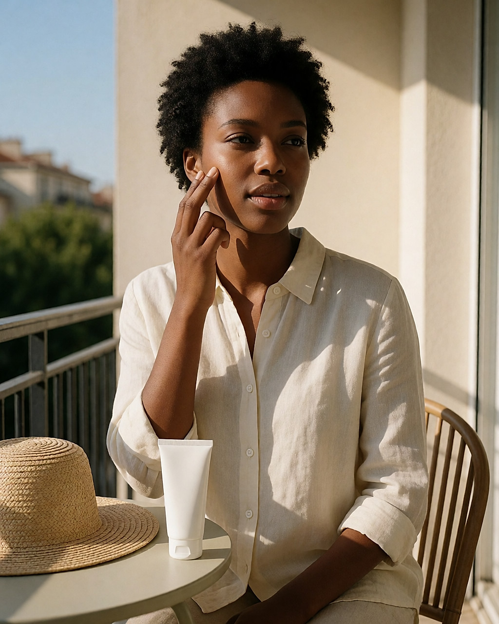 Femme appliquant de la crème solaire sur sa joue, sur un balcon ensoleillé