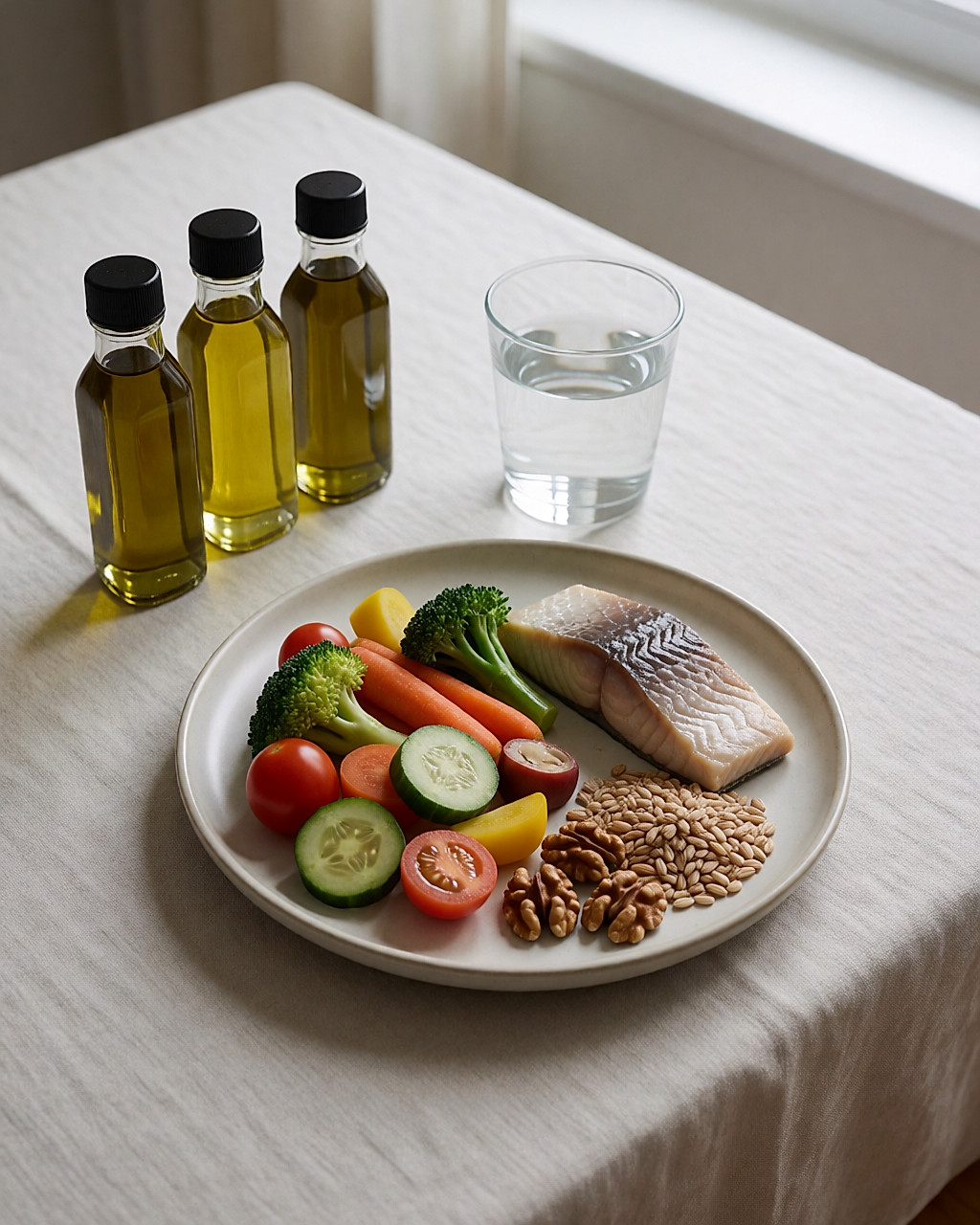 Assiette colorée, poisson, noix et petites bouteilles d'huiles végétales sur une nappe de lin