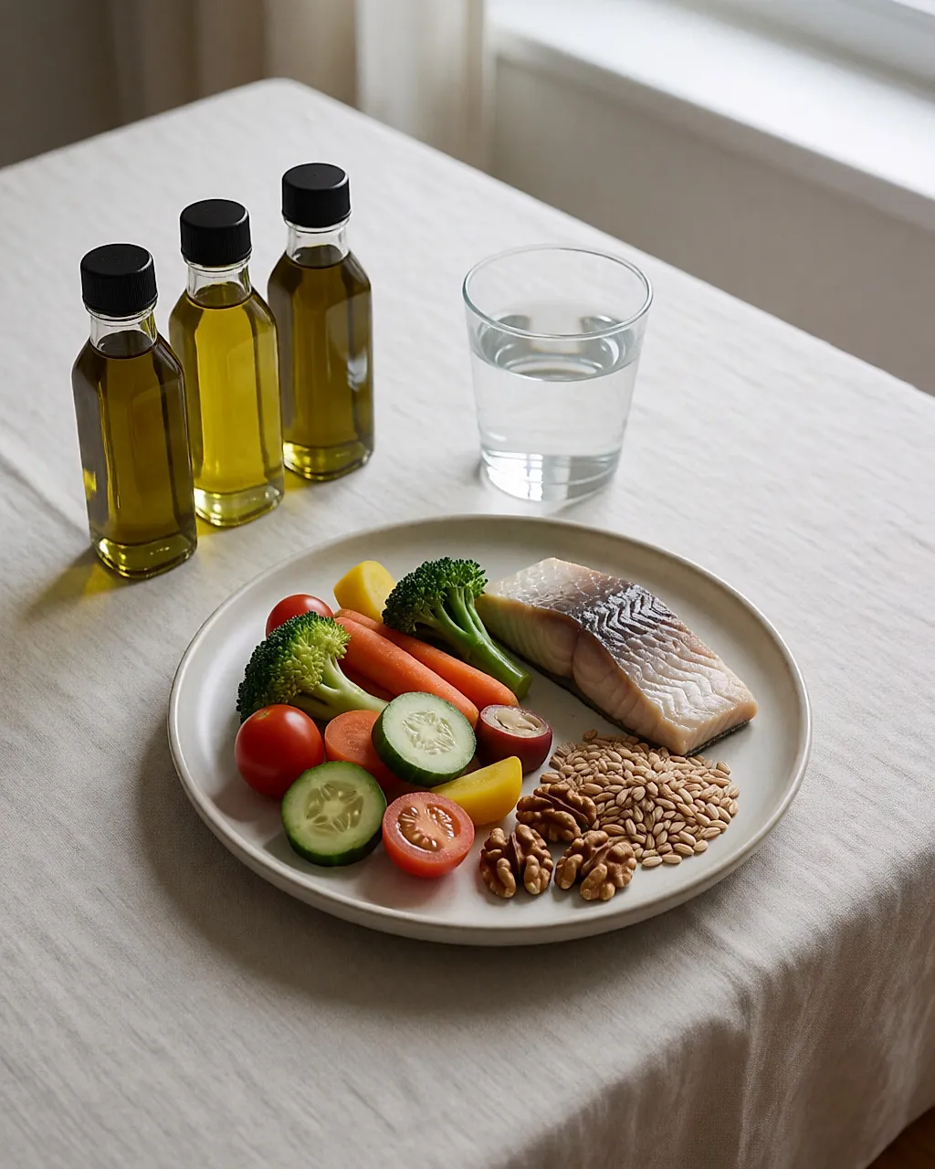 Bunter Teller, Fisch, Nüsse und kleine Flaschen mit Pflanzenölen auf einer Leinendecke