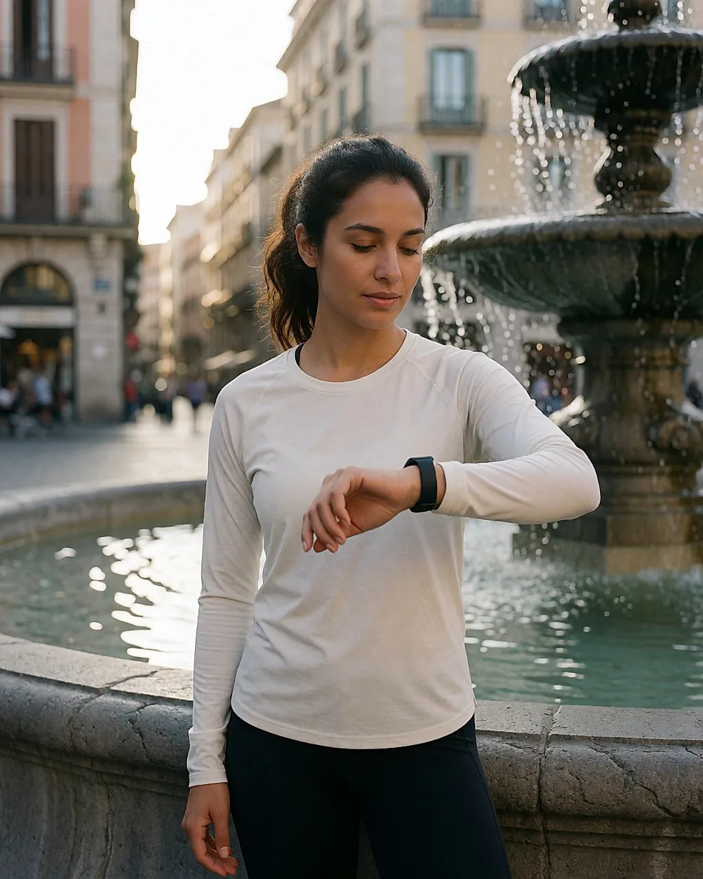 Coureuse consultant sa montre connectée sur une place urbaine, après sa course