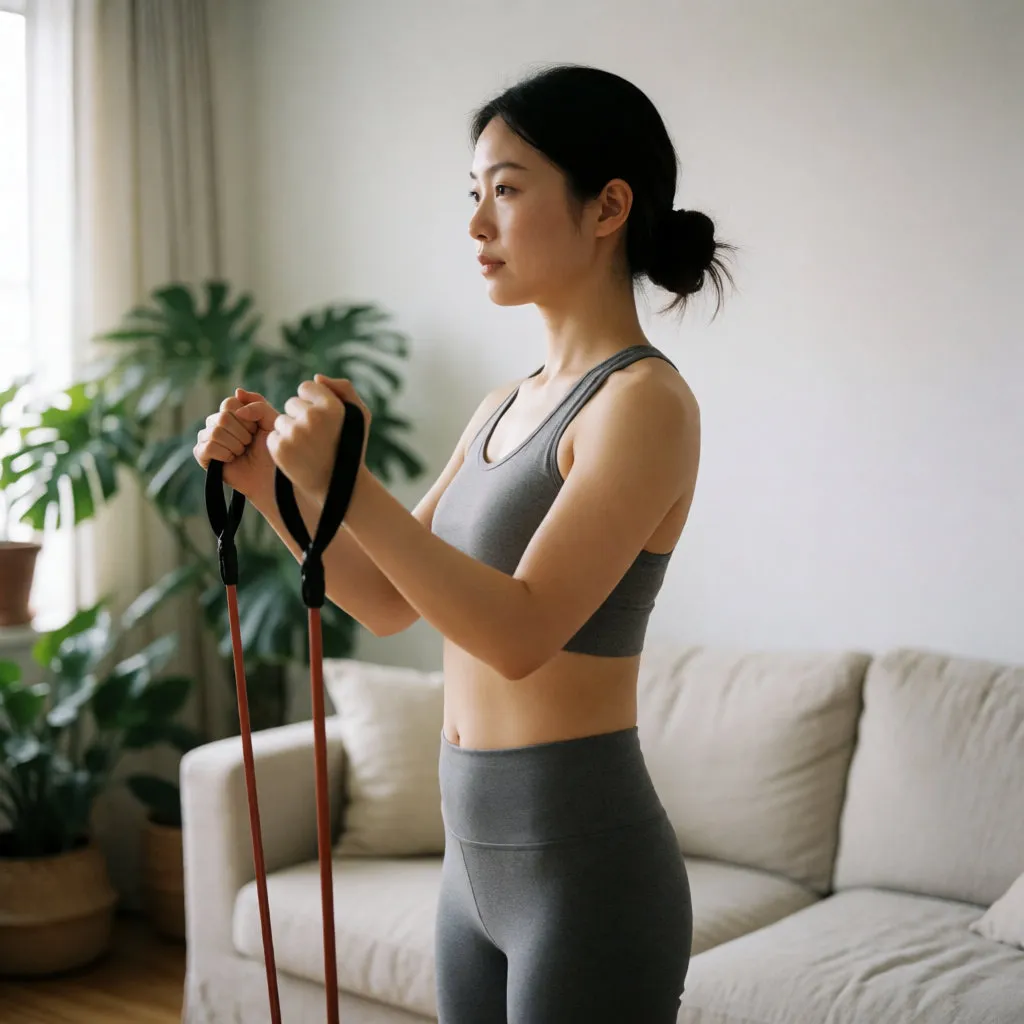 Junge asiatische Frau beim Gummiband-Training auf Brusthöhe in einem hellen Wohnzimmer