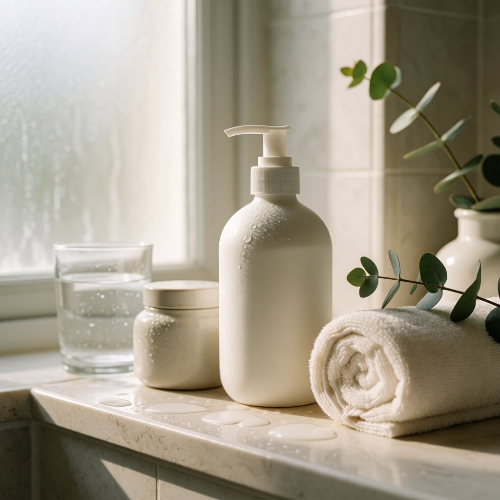 Flacon pompe de lait corporel et pot en céramique sur une étagère de salle de bain lumineuse