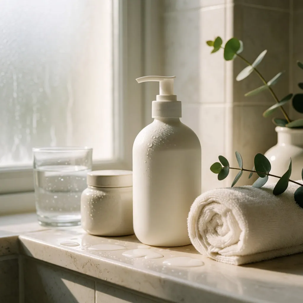Pumpspender mit Körperlotion und Keramiktopf auf einem hellen Badezimmerregal