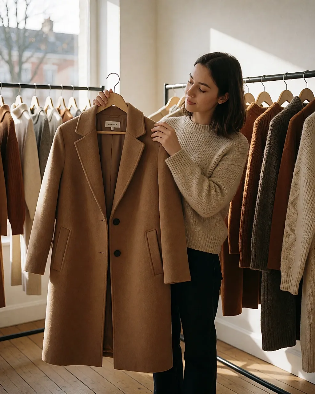 Eine junge Frau zögert vor einem camel-farbenen Mantel in einer Boutique im Viertel