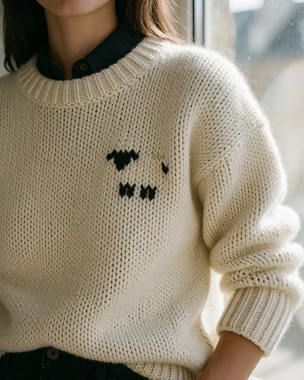 Cremefarbener Wollpullover mit Schafsmotiv, dicker Strick in Nahaufnahme