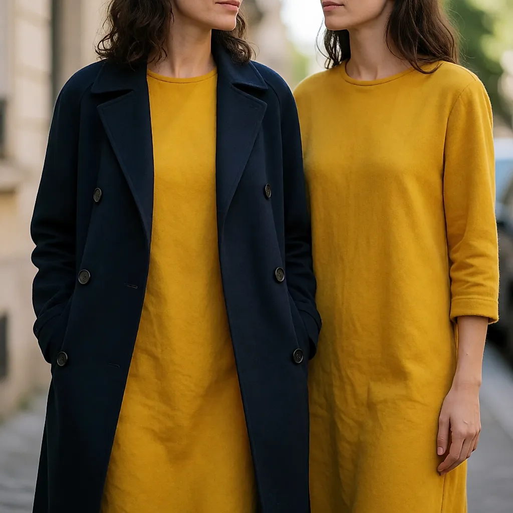 Ein senfgelber Pullover unter einem marineblauen Mantel, Streetstyle-Look