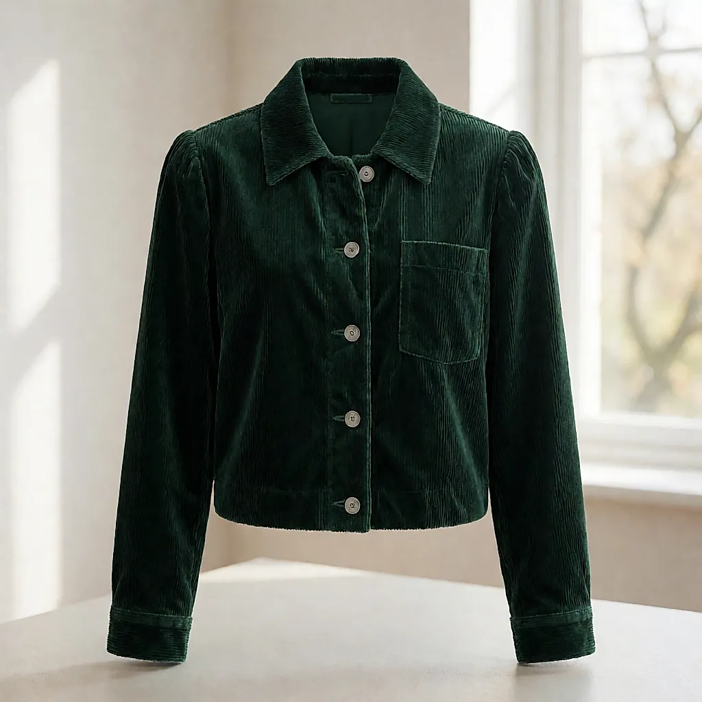 Produktfoto nach Vorbild der Boho-Jacke aus grünem Samt mit silbernen Knöpfen