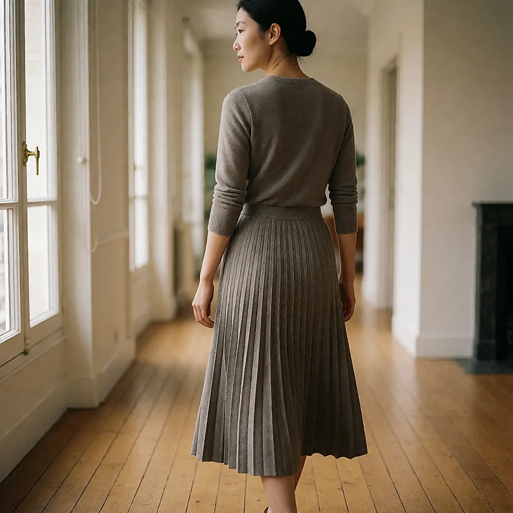 Woman walking away down a corridor, the pleats of her midi skirt creating shadows and light
