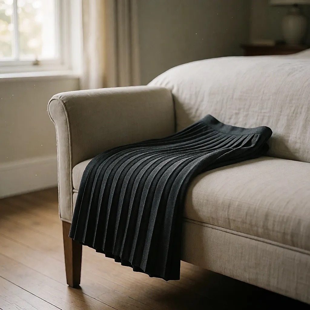 Wool pleated skirt resting on a bench, lining and texture visible