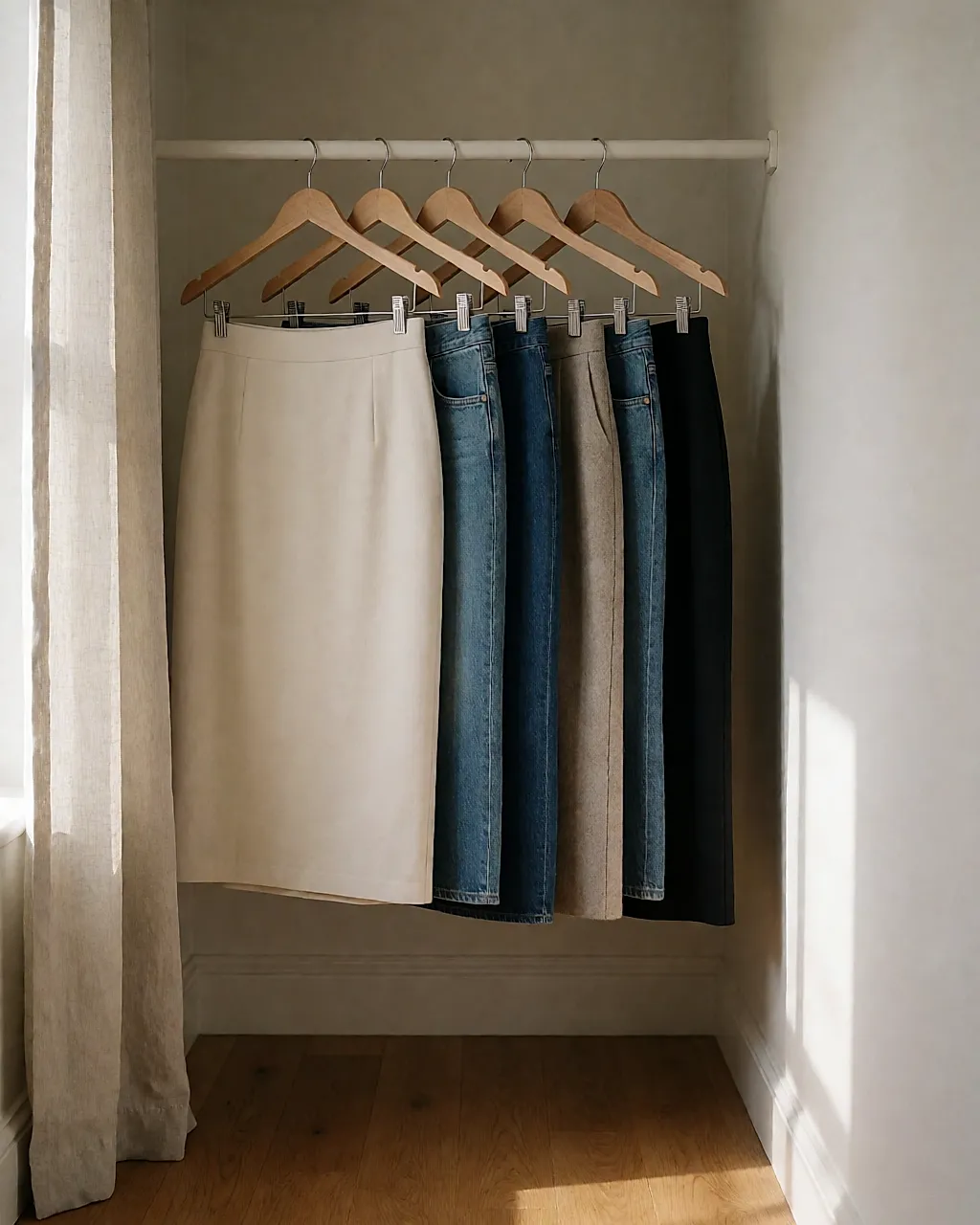 Wool and cotton skirts hanging in an open wardrobe in morning light
