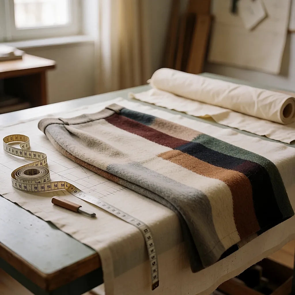 A recycled wool skirt on a workbench, tape measure and tailor's chalk beside it