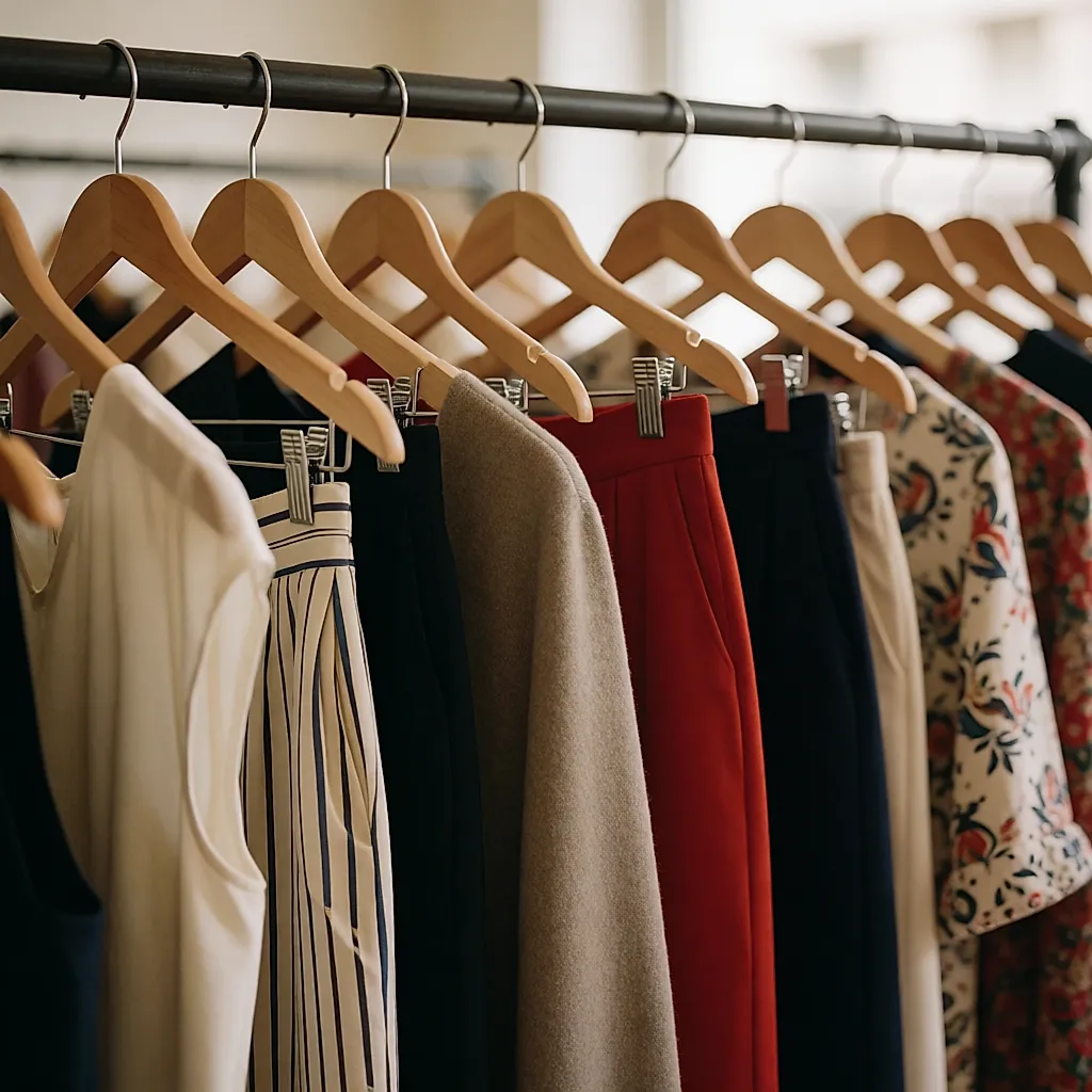 Second-hand skirts on hangers with small price tags in a bright charity shop