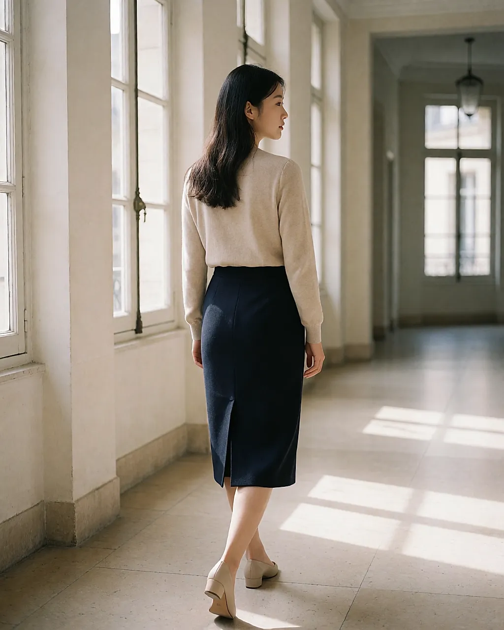 From behind, a woman walks down a light-filled corridor in a navy wool pencil skirt